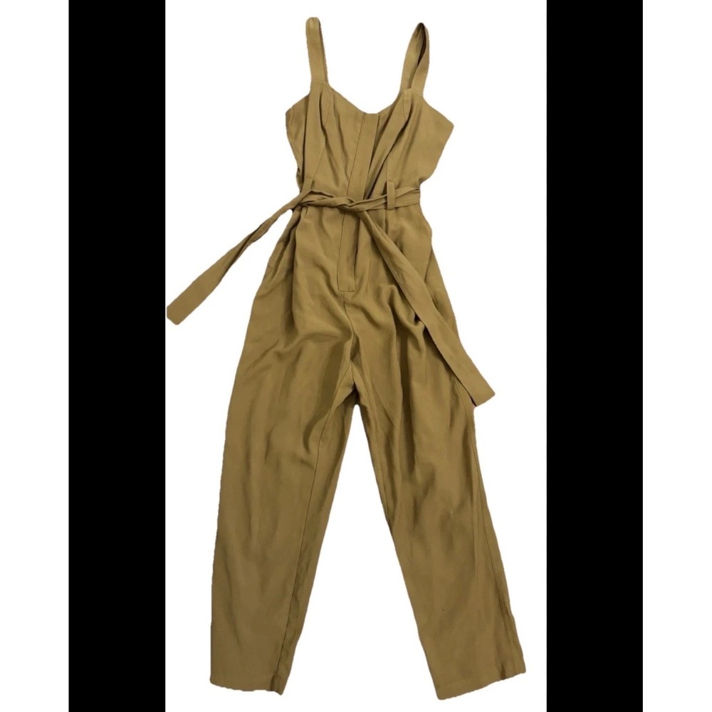 Nine West Womens XXL Mustard Tan Sleeveless Belted V-Neck Jumpsuit Smocked Back